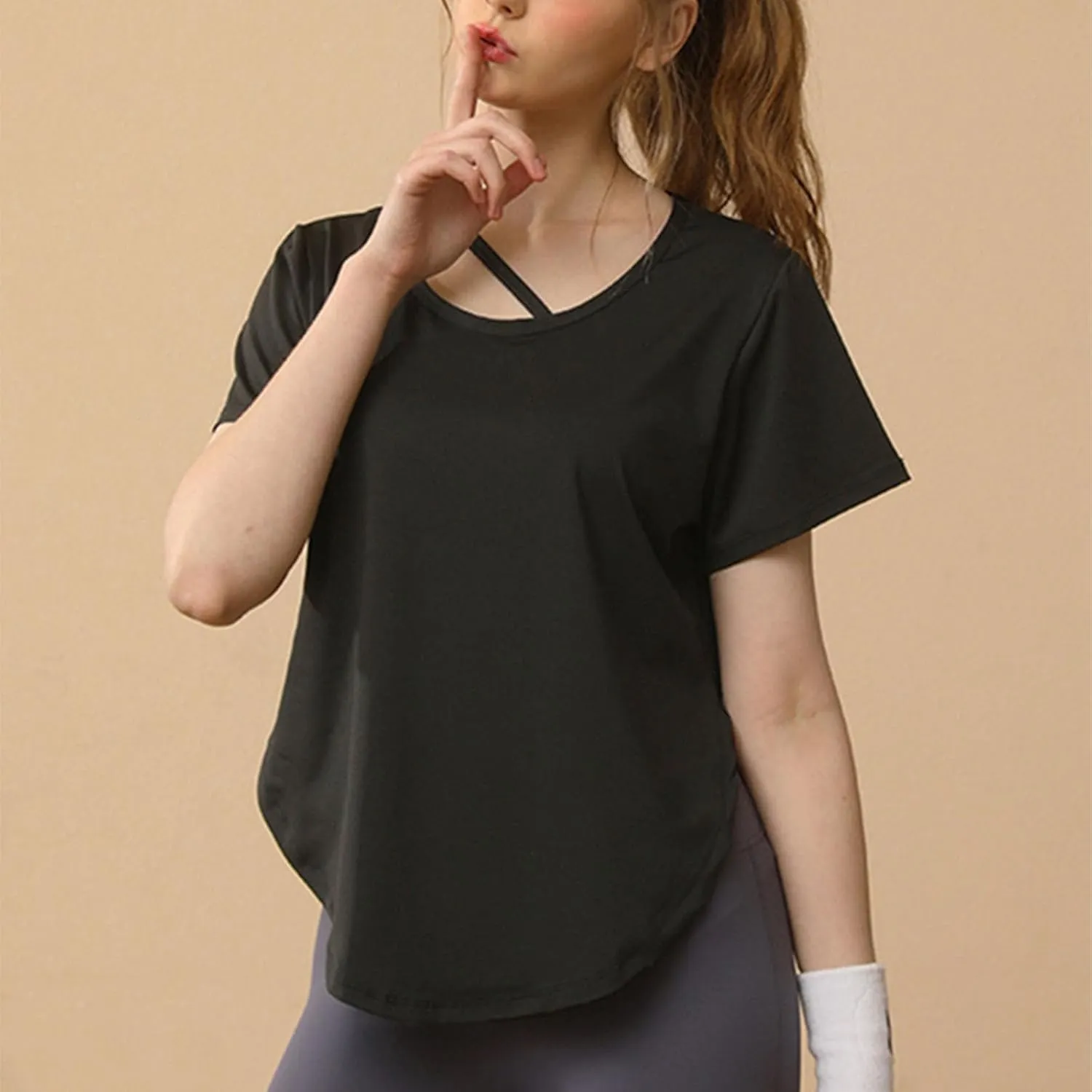 Women's Workout Tops Athletic Shirts Cropped Short Sleeve Side Slit Running Gym Quick Dry Sun Protection Tee T Shirt
