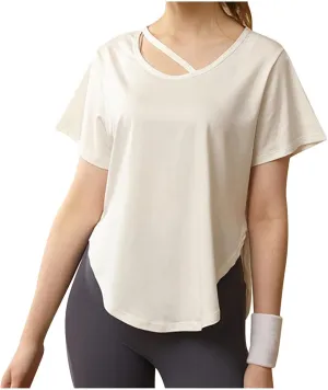 Women's Workout Tops Athletic Shirts Cropped Short Sleeve Side Slit Running Gym Quick Dry Sun Protection Tee T Shirt