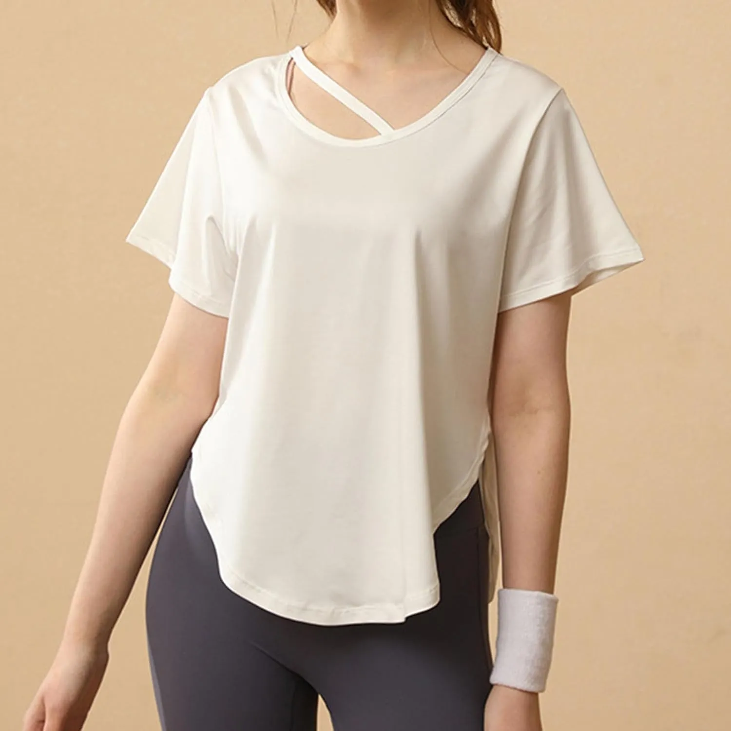 Women's Workout Tops Athletic Shirts Cropped Short Sleeve Side Slit Running Gym Quick Dry Sun Protection Tee T Shirt