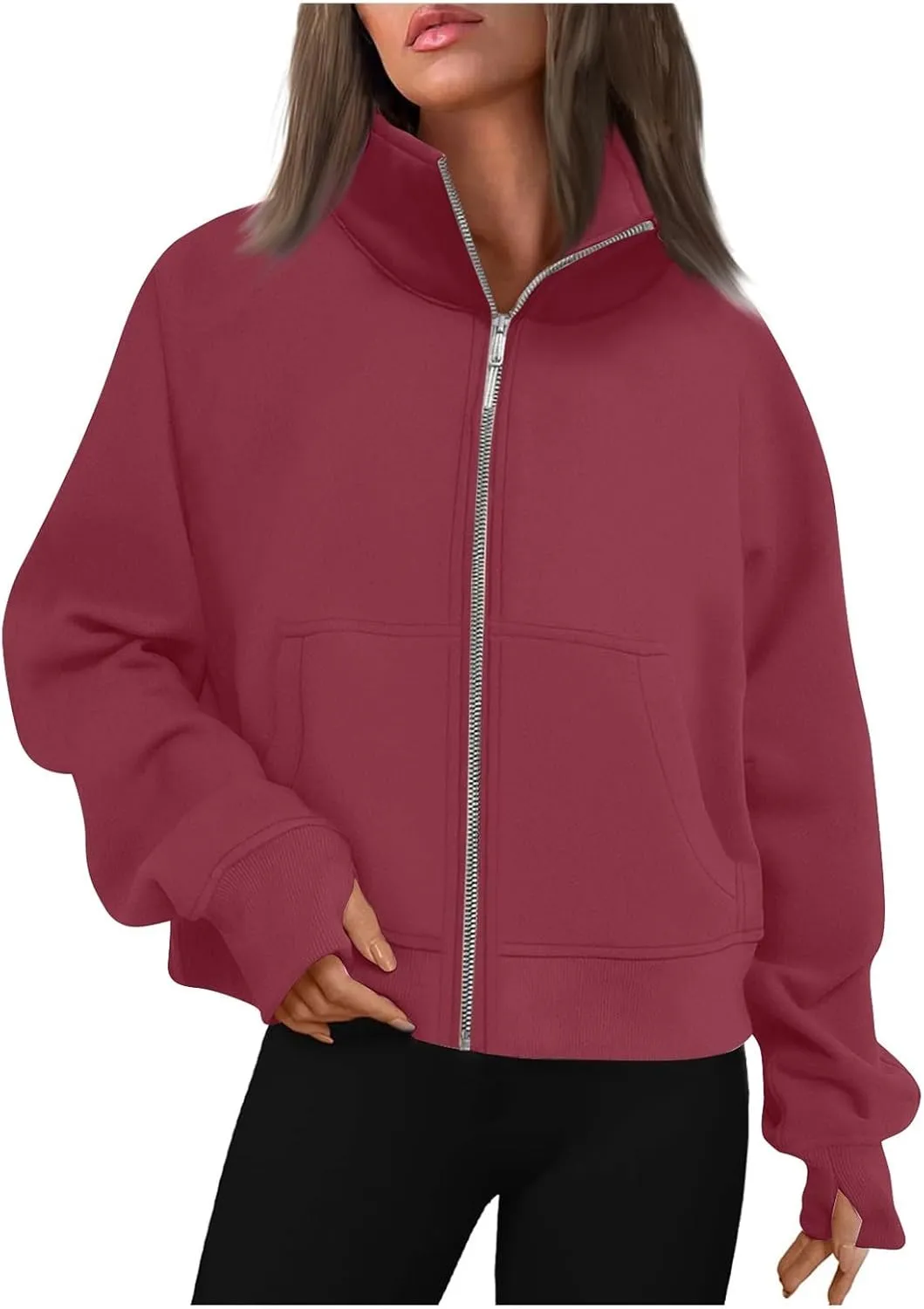 Womens Zip Up Hoodies 2024 Fleece Jacket Oversized Cropped Sweatshirt Casual Solid Fall Winter Clothes with Thumb Hole