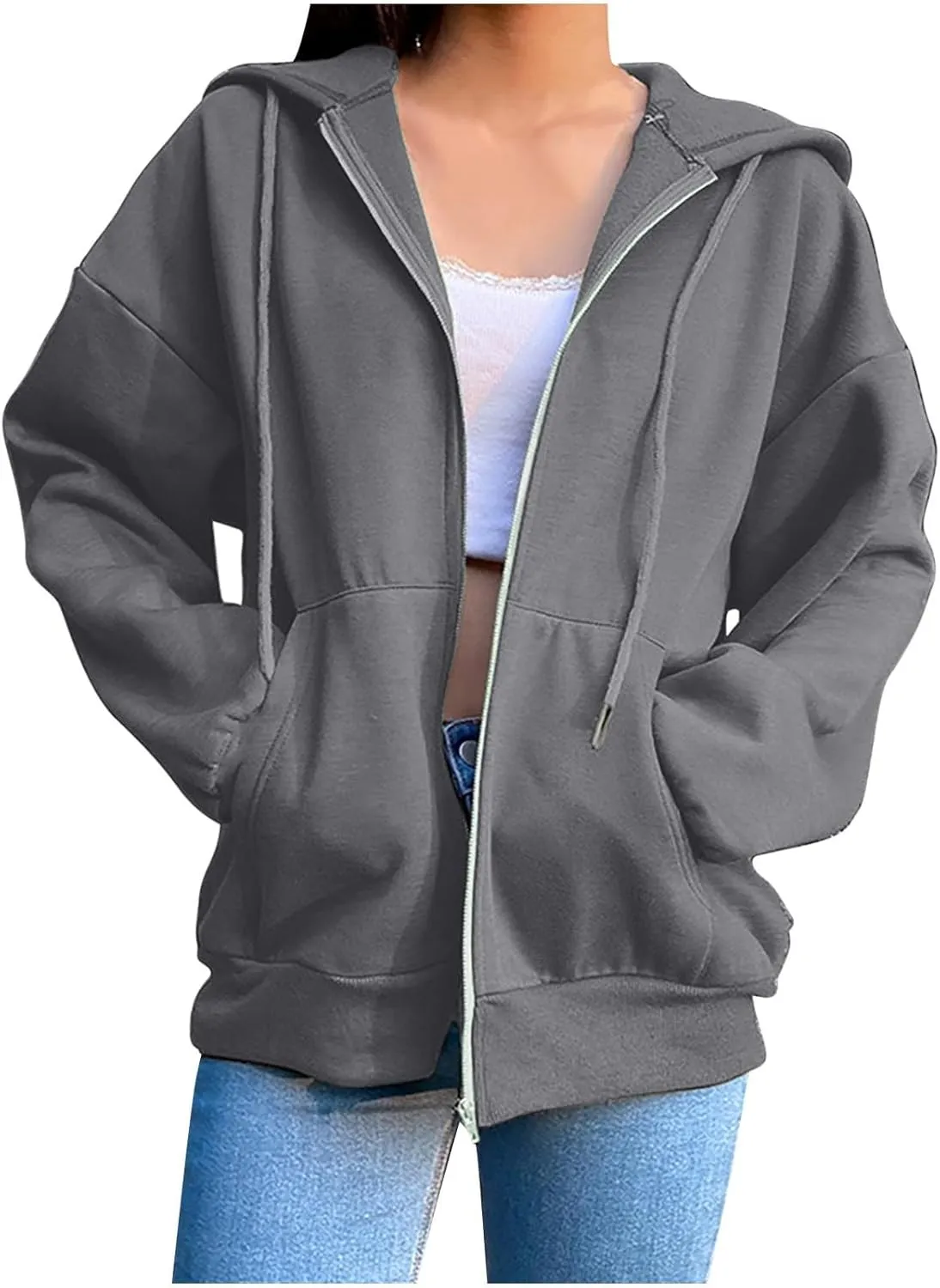 Women's Zip Up Hoodies Casual Fall Fashion Oversized Sweatshirts Y2K Teen Girl Cute Long Sleeve Jackets with Pockets