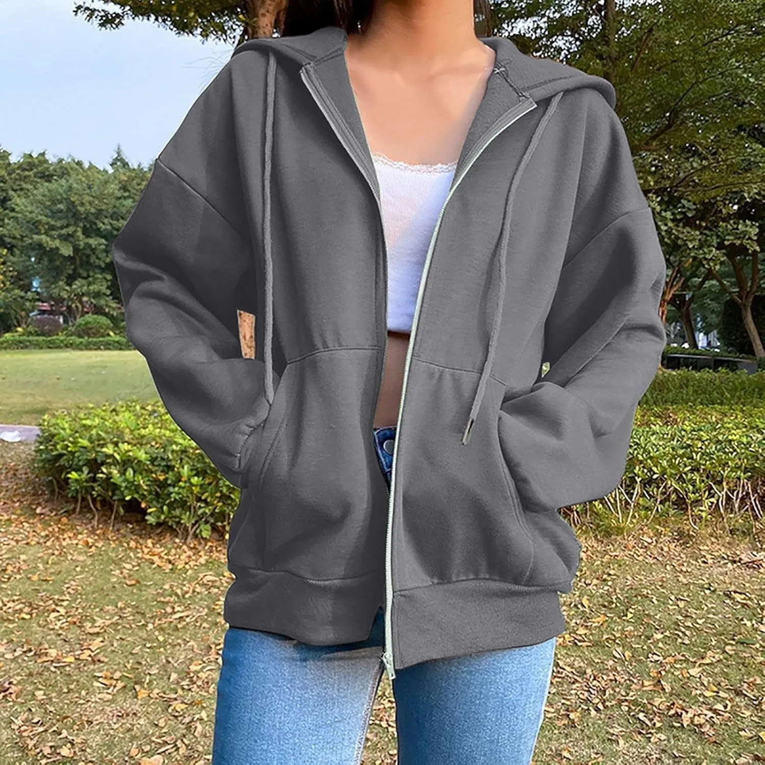 Women's Zip Up Hoodies Casual Fall Fashion Oversized Sweatshirts Y2K Teen Girl Cute Long Sleeve Jackets with Pockets