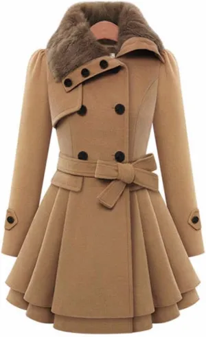 xxxiticat Women's Double Breasted Trench Coat Long Sleeve Faux Fur Lapel Flared Hem Belted Winter Warm Jacket Overcoat