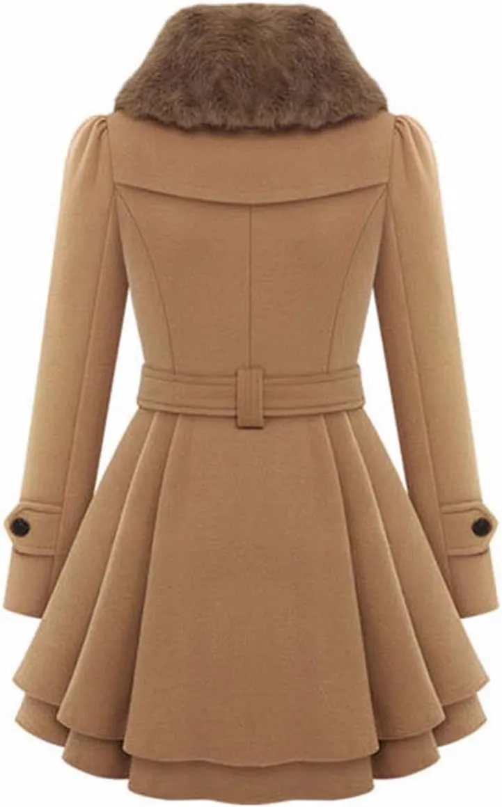 xxxiticat Women's Double Breasted Trench Coat Long Sleeve Faux Fur Lapel Flared Hem Belted Winter Warm Jacket Overcoat