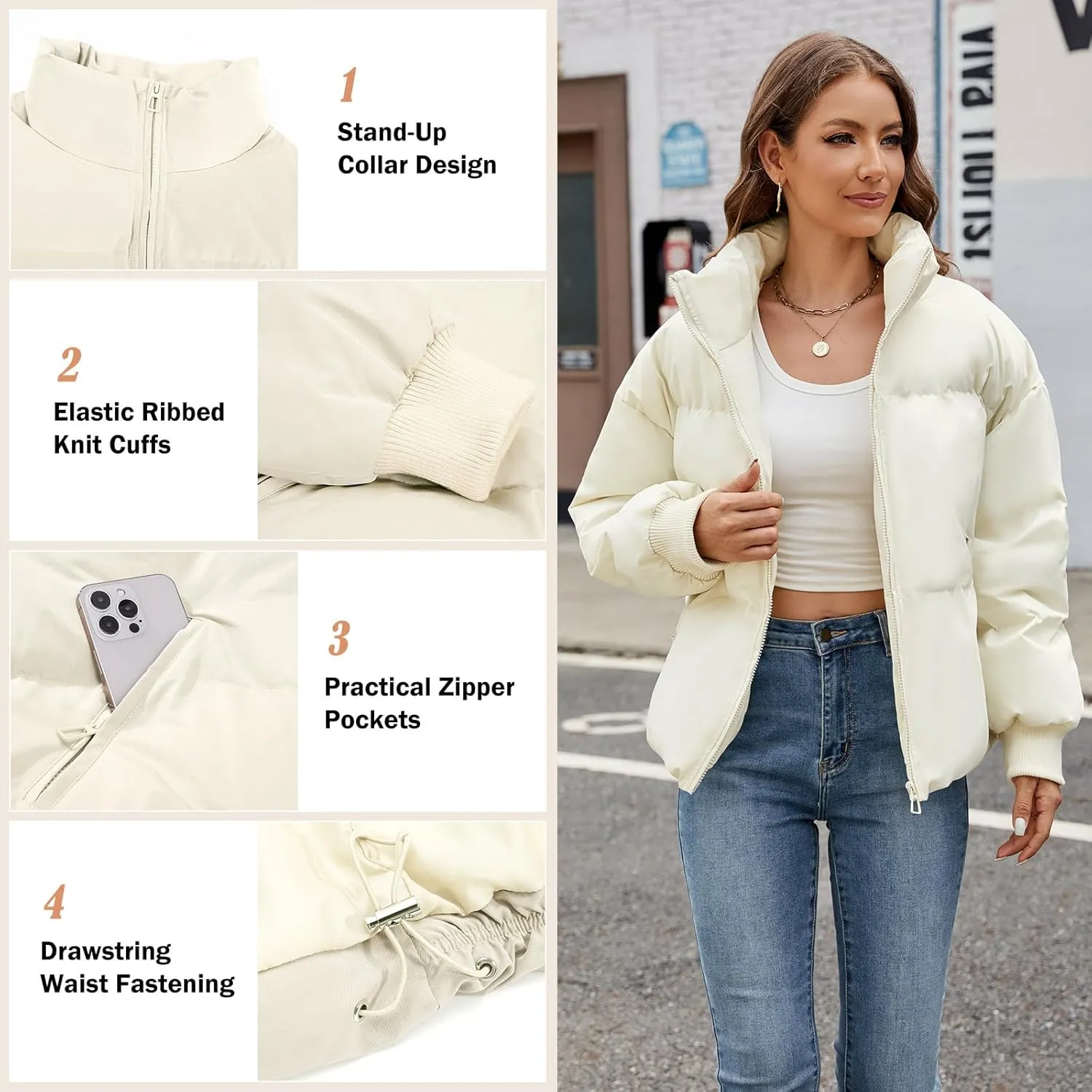 Yusongirl Womens Cropped Puffer Jacket Winter Warm Quilted Jackets Baggy Short Down Coats Long Sleeve Zip Coat