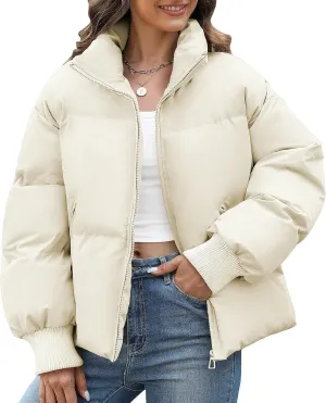 Yusongirl Womens Cropped Puffer Jacket Winter Warm Quilted Jackets Baggy Short Down Coats Long Sleeve Zip Coat