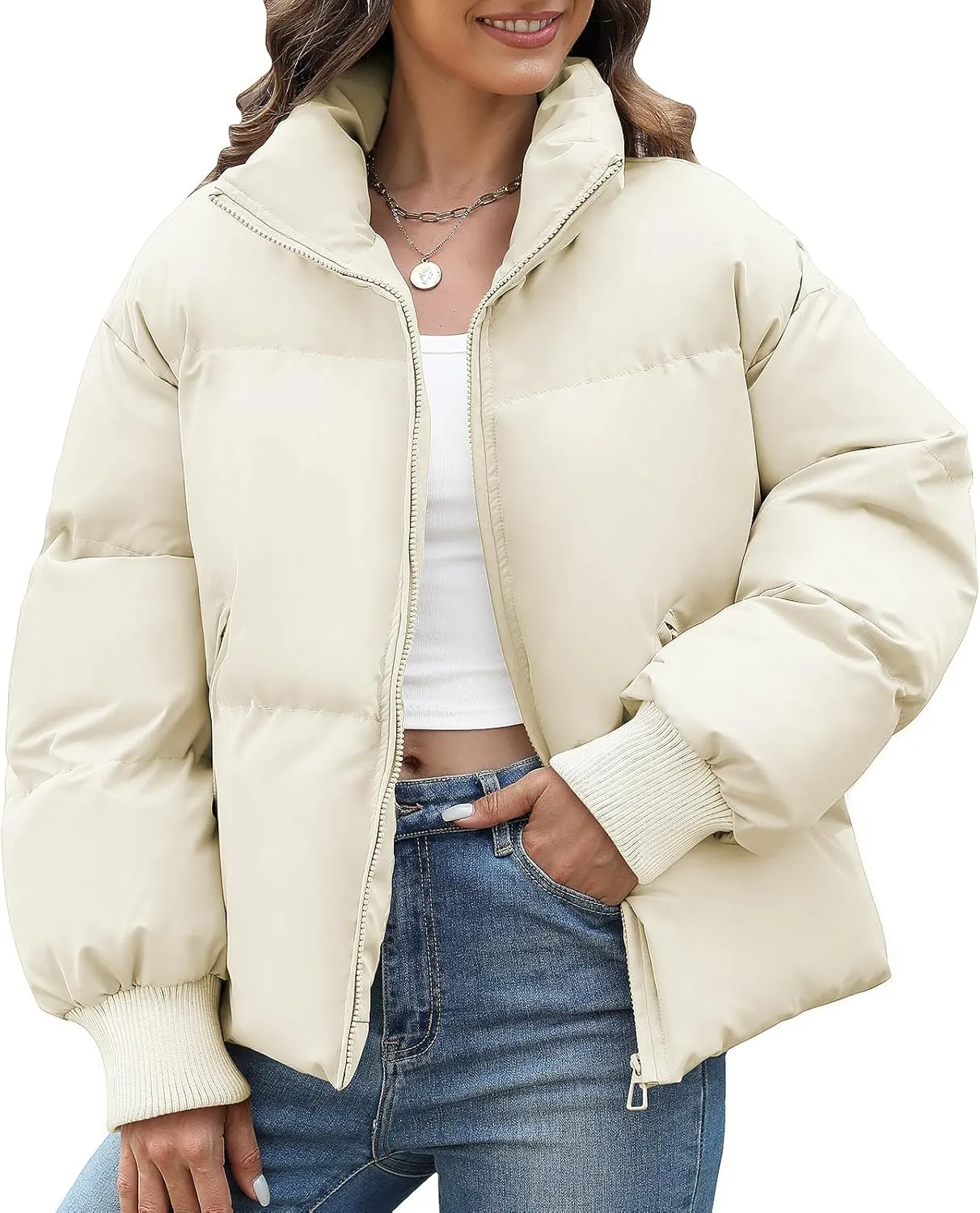 Yusongirl Womens Cropped Puffer Jacket Winter Warm Quilted Jackets Baggy Short Down Coats Long Sleeve Zip Coat