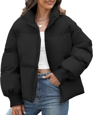 Yusongirl Womens Cropped Puffer Jacket Winter Warm Quilted Jackets Baggy Short Down Coats Long Sleeve Zip Coat