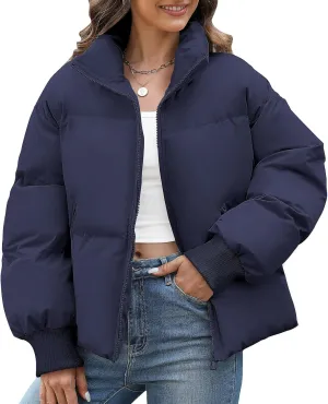 Yusongirl Womens Cropped Puffer Jacket Winter Warm Quilted Jackets Baggy Short Down Coats Long Sleeve Zip Coat