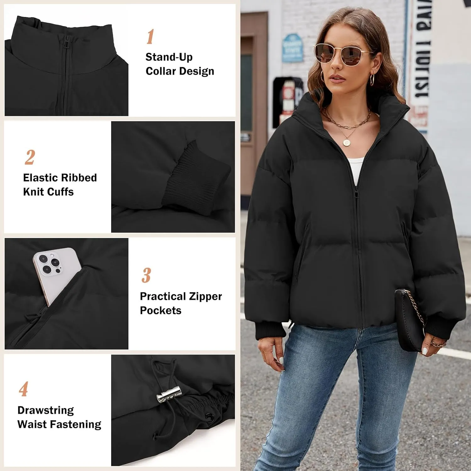 Yusongirl Womens Cropped Puffer Jacket Winter Warm Quilted Jackets Baggy Short Down Coats Long Sleeve Zip Coat