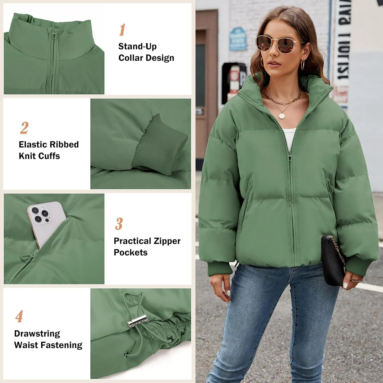 Yusongirl Womens Cropped Puffer Jacket Winter Warm Quilted Jackets Baggy Short Down Coats Long Sleeve Zip Coat