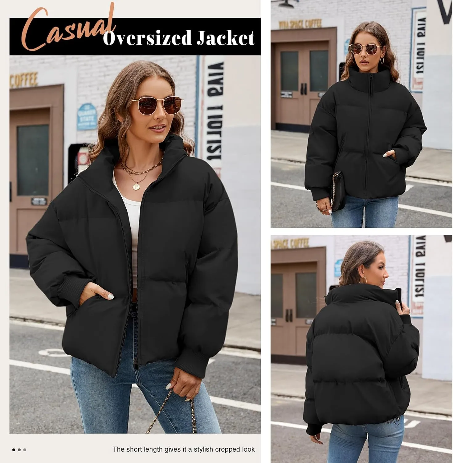 Yusongirl Womens Cropped Puffer Jacket Winter Warm Quilted Jackets Baggy Short Down Coats Long Sleeve Zip Coat