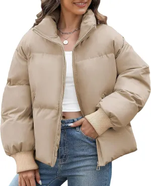Yusongirl Womens Cropped Puffer Jacket Winter Warm Quilted Jackets Baggy Short Down Coats Long Sleeve Zip Coat