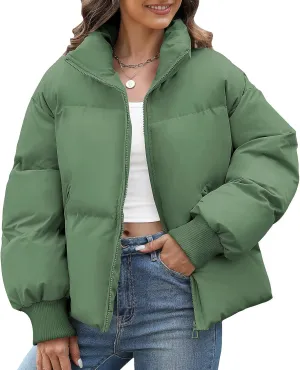 Yusongirl Womens Cropped Puffer Jacket Winter Warm Quilted Jackets Baggy Short Down Coats Long Sleeve Zip Coat