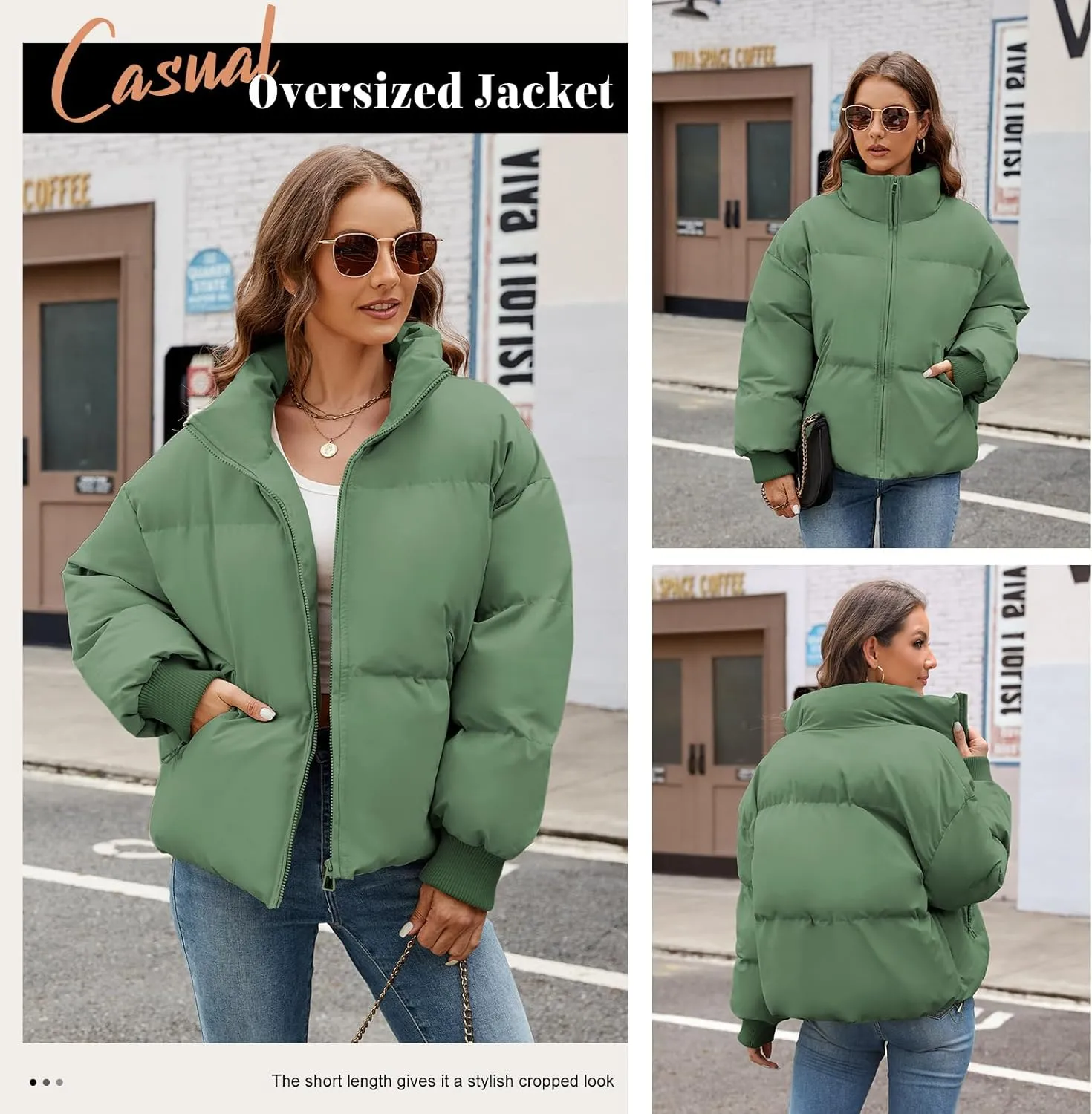 Yusongirl Womens Cropped Puffer Jacket Winter Warm Quilted Jackets Baggy Short Down Coats Long Sleeve Zip Coat