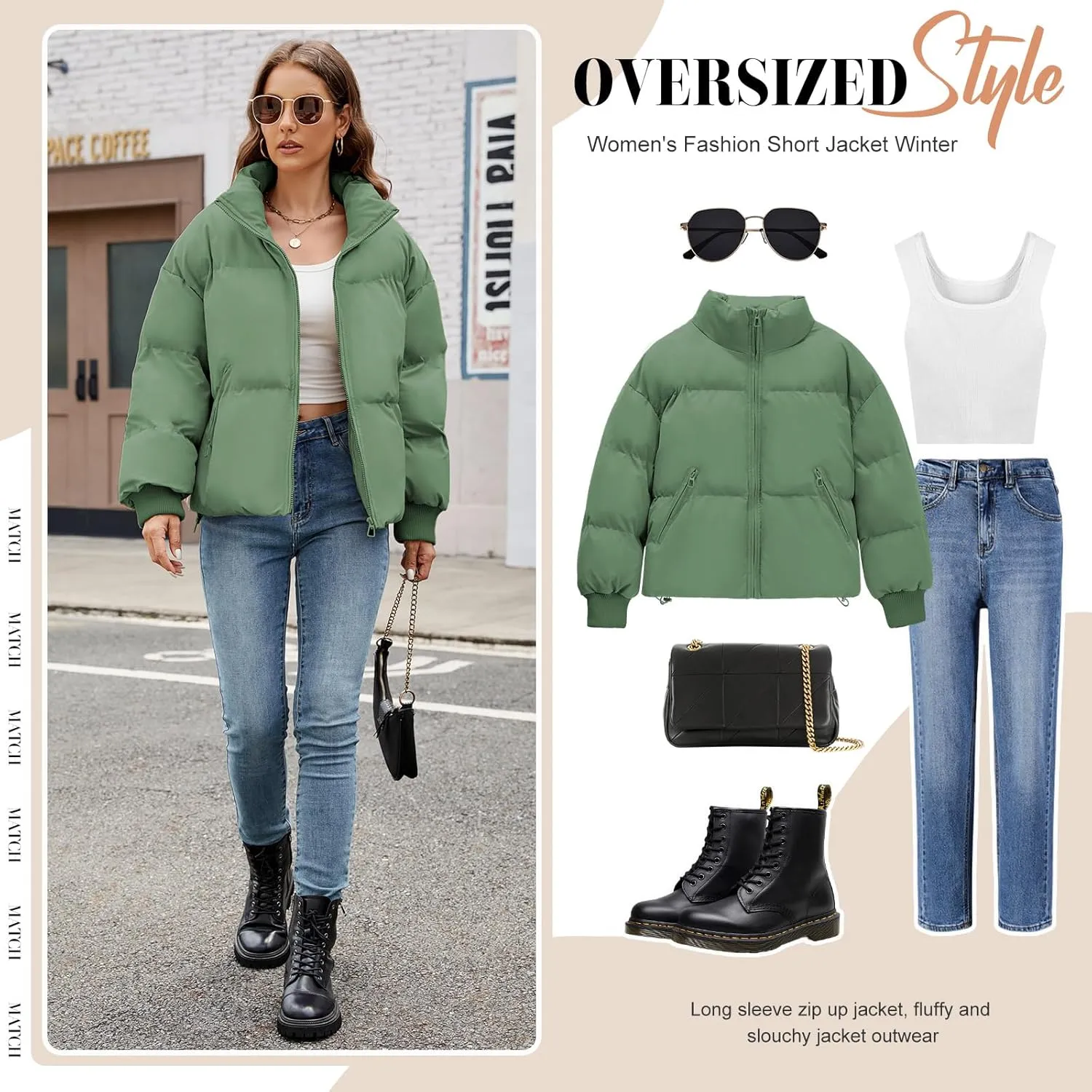 Yusongirl Womens Cropped Puffer Jacket Winter Warm Quilted Jackets Baggy Short Down Coats Long Sleeve Zip Coat