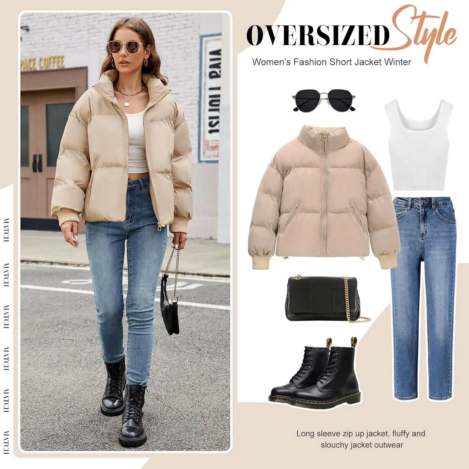 Yusongirl Womens Cropped Puffer Jacket Winter Warm Quilted Jackets Baggy Short Down Coats Long Sleeve Zip Coat