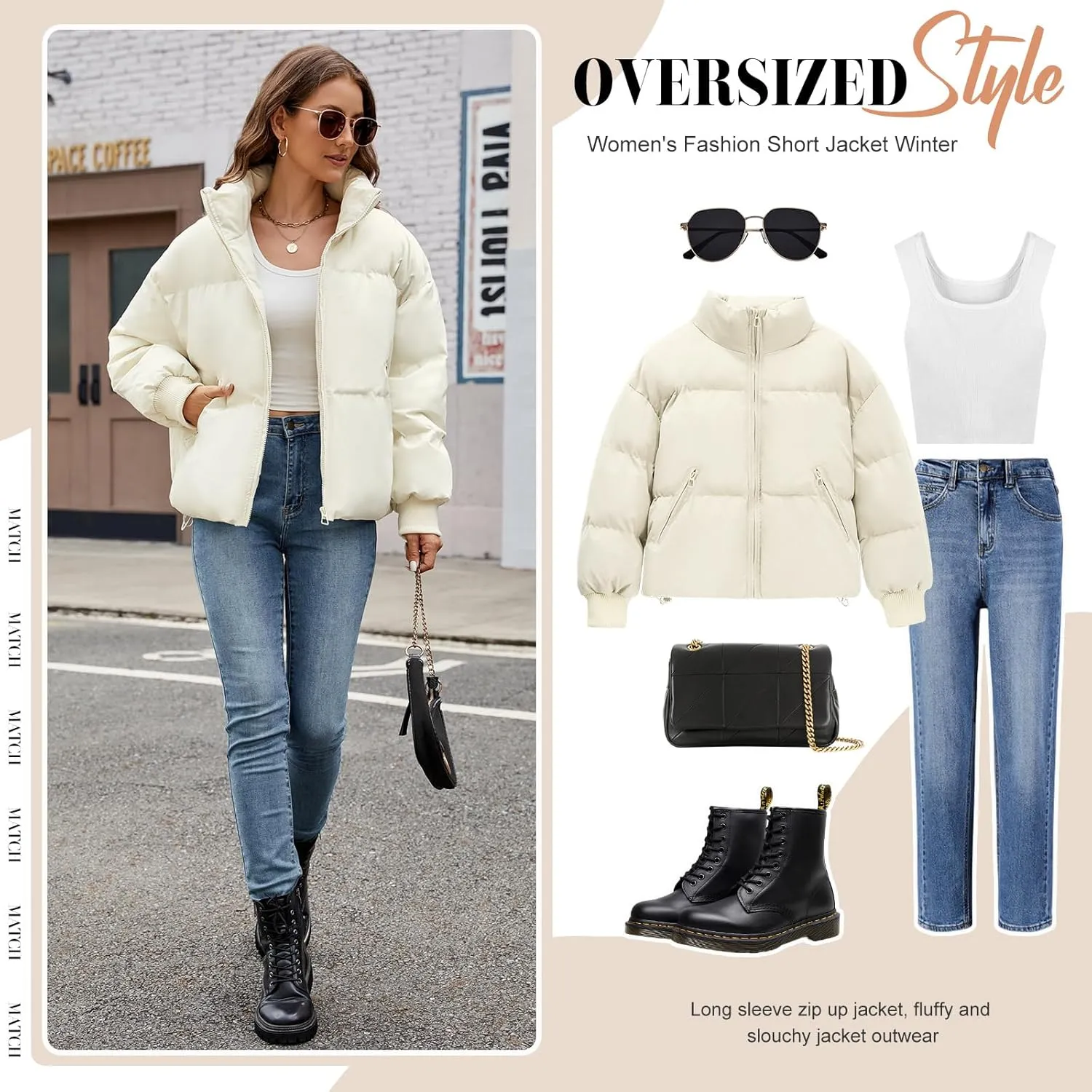 Yusongirl Womens Cropped Puffer Jacket Winter Warm Quilted Jackets Baggy Short Down Coats Long Sleeve Zip Coat