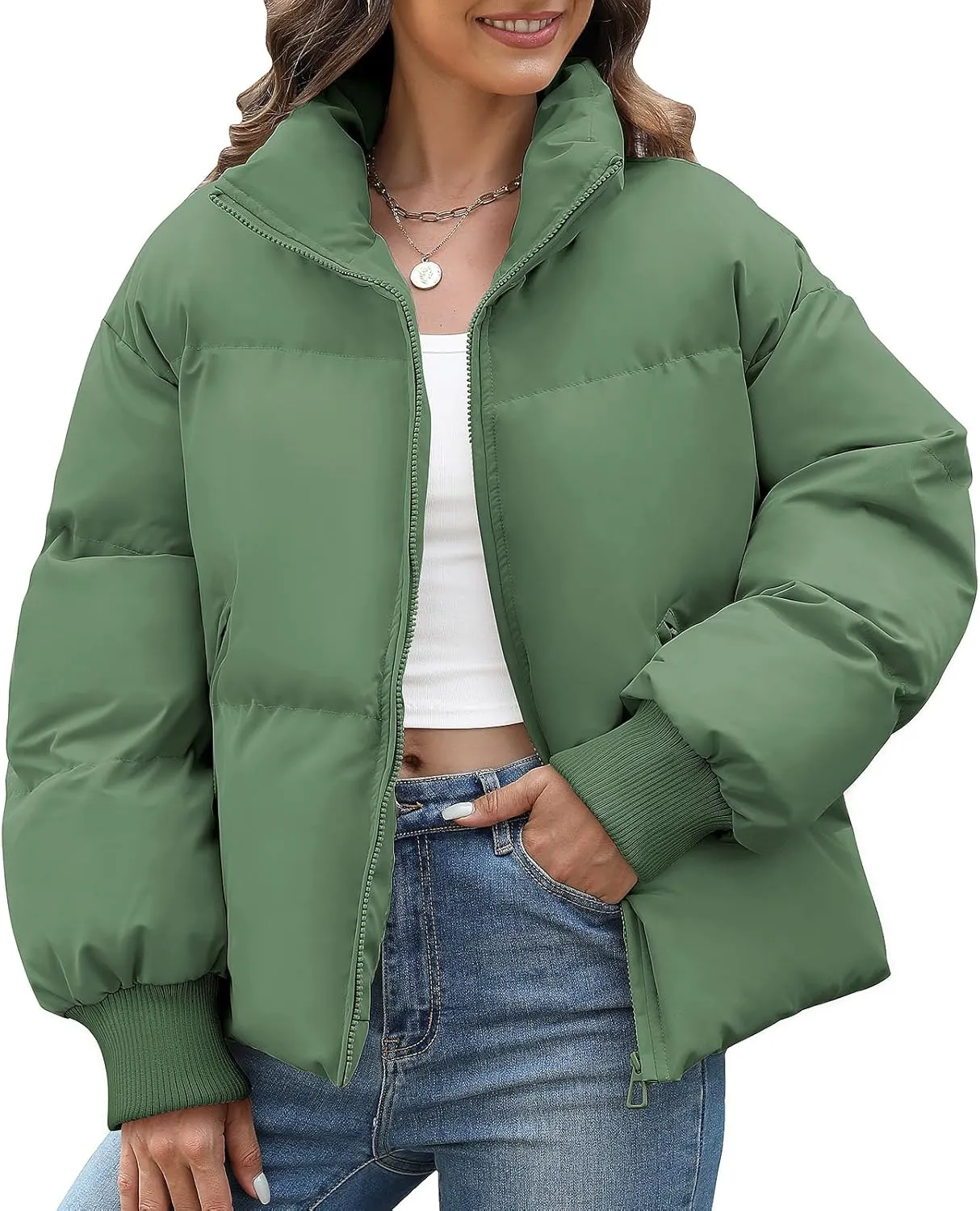 Yusongirl Womens Cropped Puffer Jacket Winter Warm Quilted Jackets Baggy Short Down Coats Long Sleeve Zip Coat