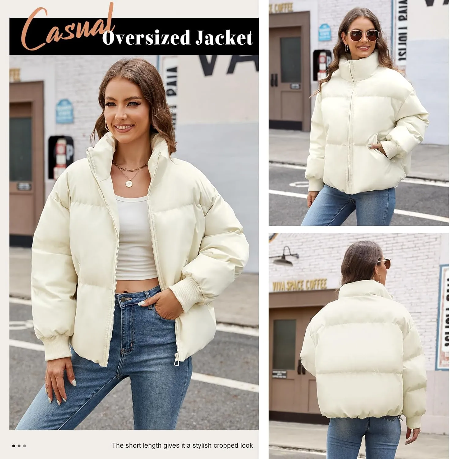 Yusongirl Womens Cropped Puffer Jacket Winter Warm Quilted Jackets Baggy Short Down Coats Long Sleeve Zip Coat