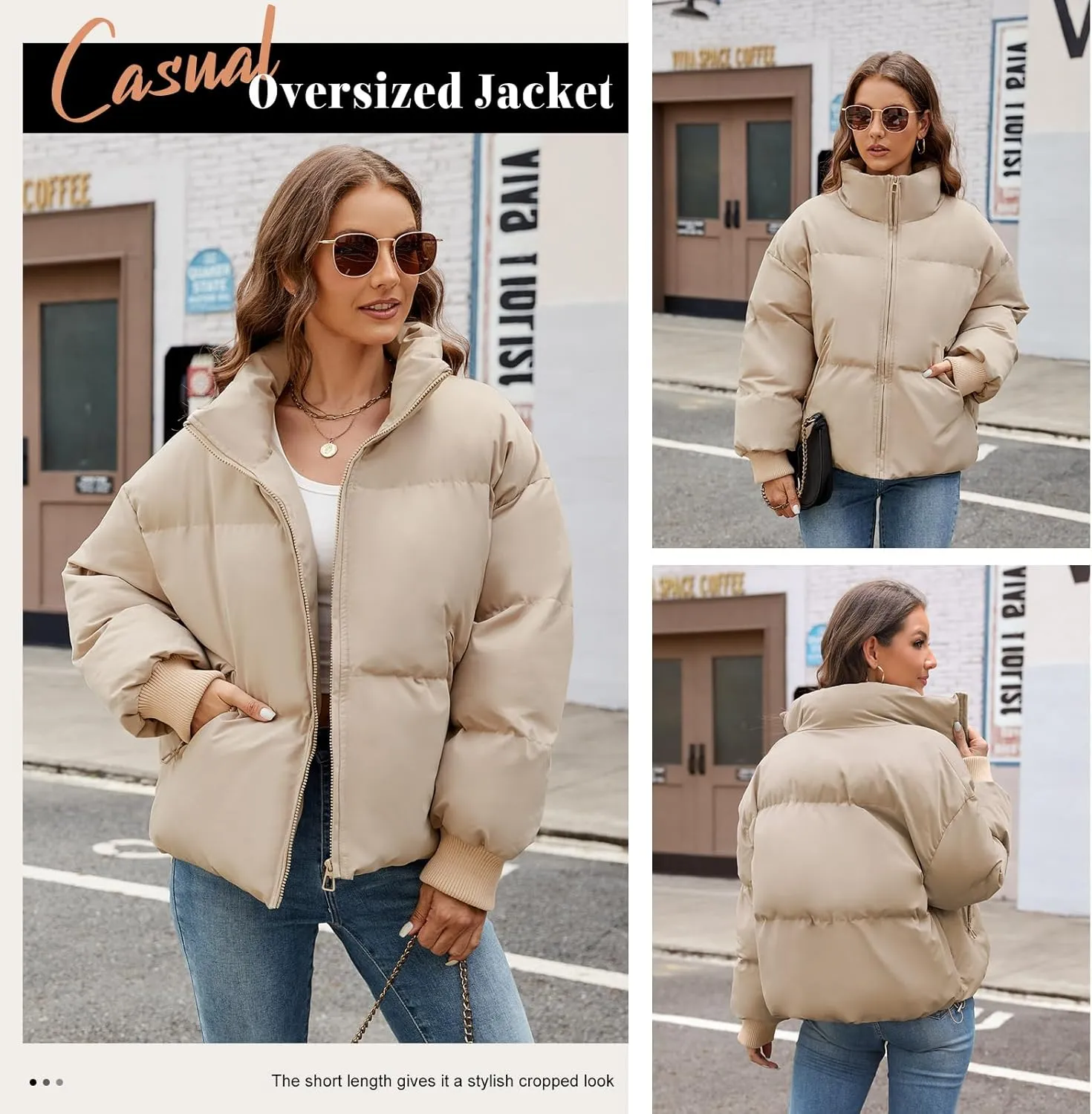 Yusongirl Womens Cropped Puffer Jacket Winter Warm Quilted Jackets Baggy Short Down Coats Long Sleeve Zip Coat