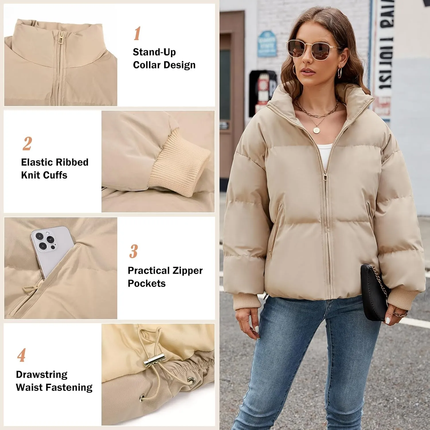 Yusongirl Womens Cropped Puffer Jacket Winter Warm Quilted Jackets Baggy Short Down Coats Long Sleeve Zip Coat