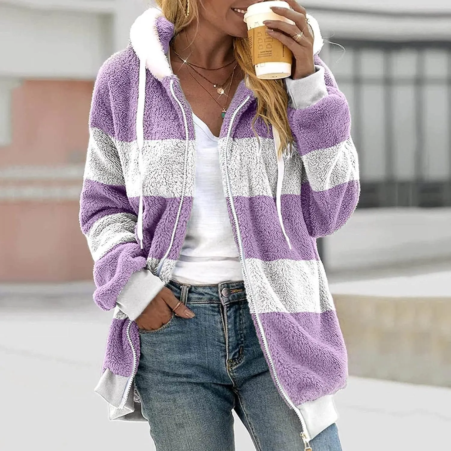 Zip Up Hoodies for Women 2023 Fall Fashion Solid Color Sweatershirt Pullover Tops Long Sleeve Warm Coat Furry Fleece Jacket