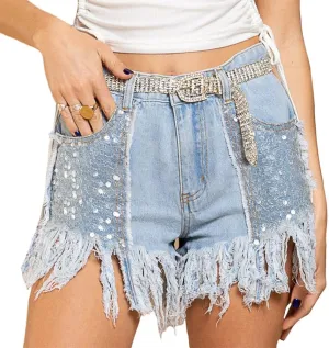 ZOCAVIA Womens Casual High Waisted Tassels Denim Shorts Glitter Sequin Fringe Shorts Summer Stretchy Raw Hem Short Pants