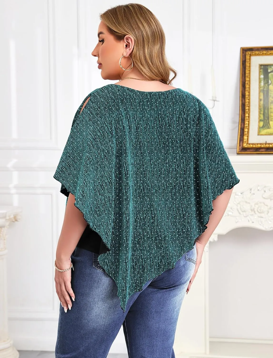 ZOMVA Plus Size Sparkly Cape Tops Cold Shoulder Double Layered Asymmetrical Hem Rhinestone Glitter Party Blouse Shirts