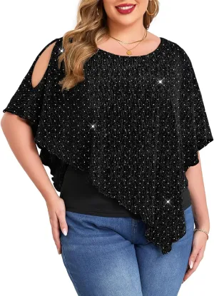 ZOMVA Plus Size Sparkly Cape Tops Cold Shoulder Double Layered Asymmetrical Hem Rhinestone Glitter Party Blouse Shirts