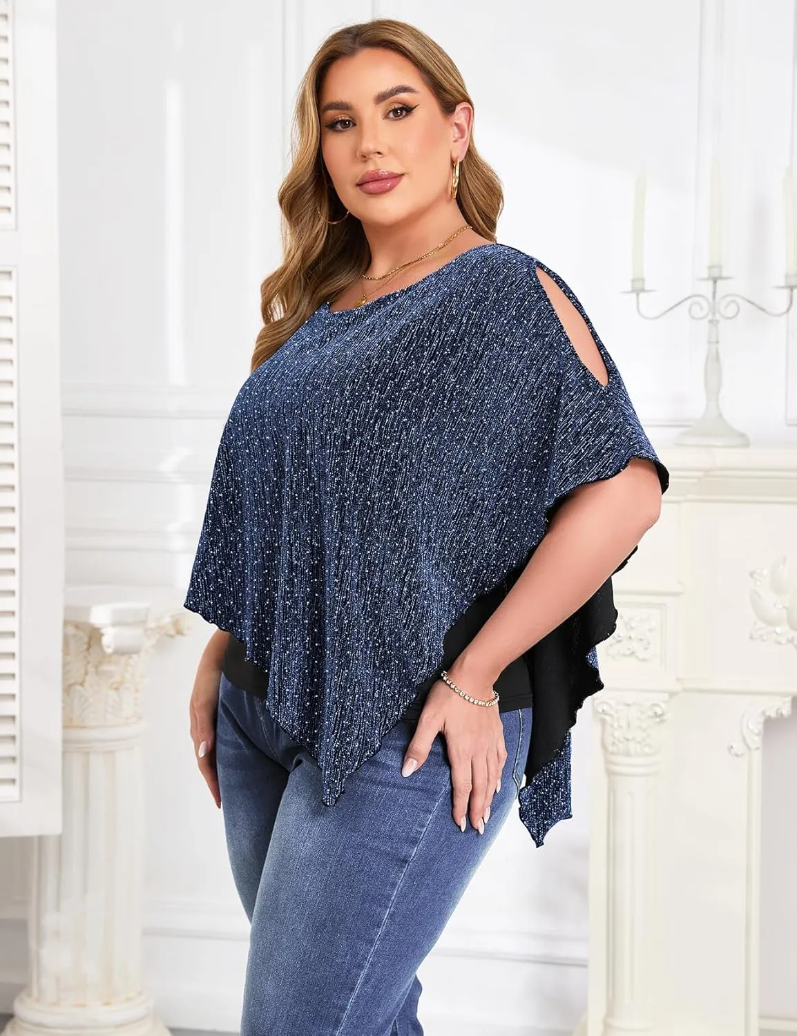 ZOMVA Plus Size Sparkly Cape Tops Cold Shoulder Double Layered Asymmetrical Hem Rhinestone Glitter Party Blouse Shirts