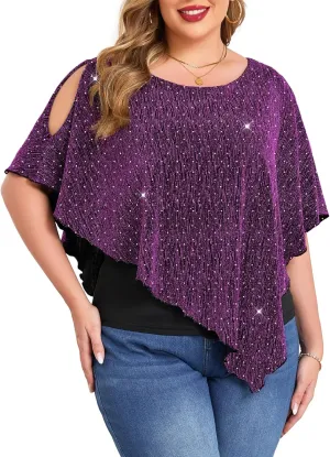 ZOMVA Plus Size Sparkly Cape Tops Cold Shoulder Double Layered Asymmetrical Hem Rhinestone Glitter Party Blouse Shirts