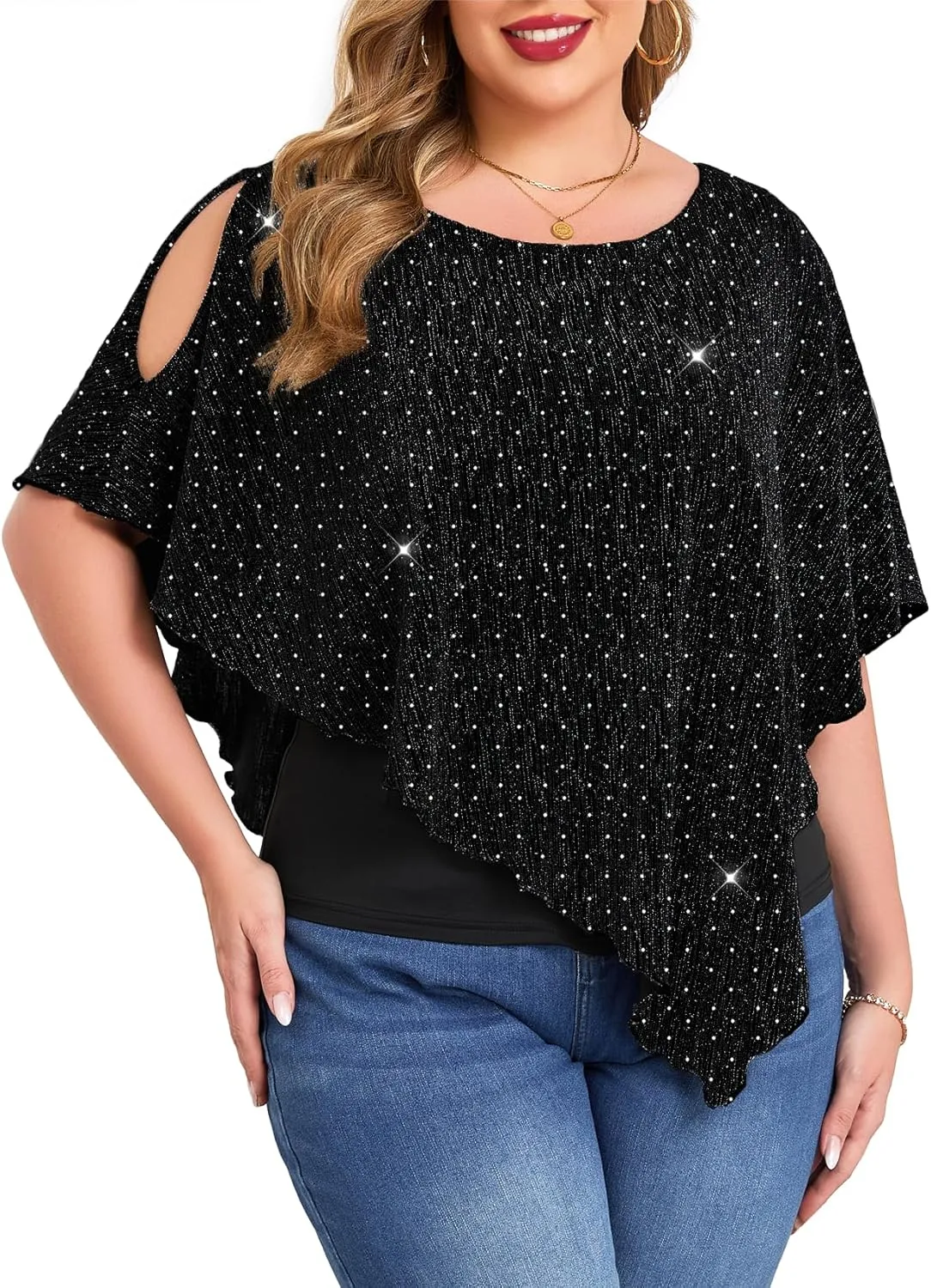 ZOMVA Plus Size Sparkly Cape Tops Cold Shoulder Double Layered Asymmetrical Hem Rhinestone Glitter Party Blouse Shirts