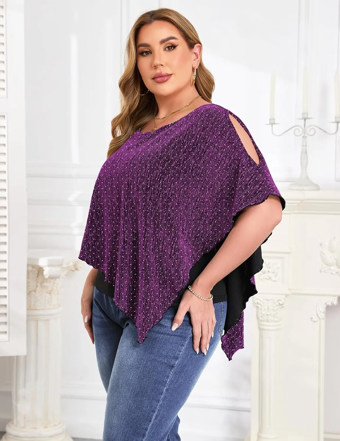 ZOMVA Plus Size Sparkly Cape Tops Cold Shoulder Double Layered Asymmetrical Hem Rhinestone Glitter Party Blouse Shirts