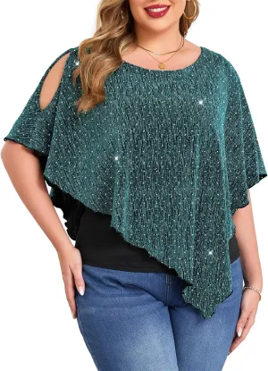 ZOMVA Plus Size Sparkly Cape Tops Cold Shoulder Double Layered Asymmetrical Hem Rhinestone Glitter Party Blouse Shirts
