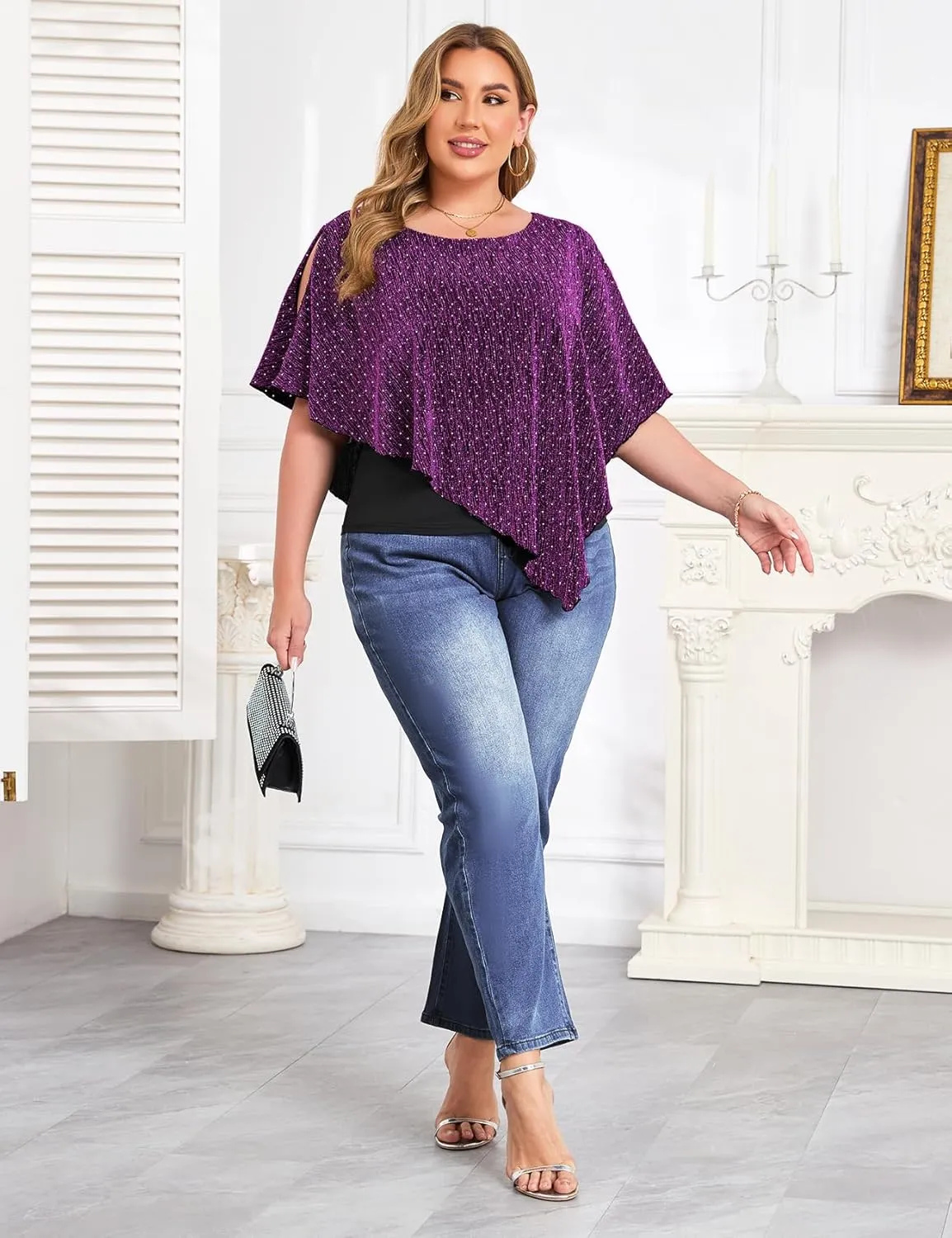 ZOMVA Plus Size Sparkly Cape Tops Cold Shoulder Double Layered Asymmetrical Hem Rhinestone Glitter Party Blouse Shirts