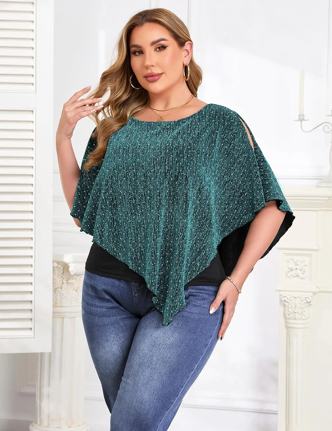 ZOMVA Plus Size Sparkly Cape Tops Cold Shoulder Double Layered Asymmetrical Hem Rhinestone Glitter Party Blouse Shirts