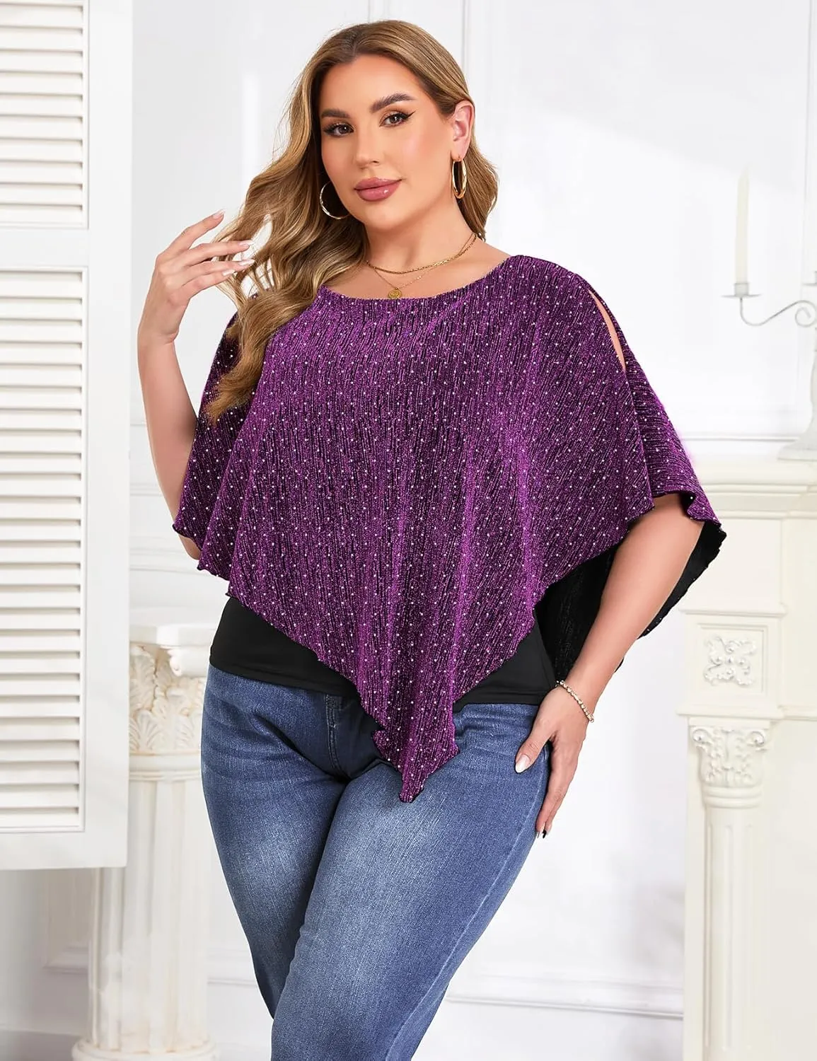 ZOMVA Plus Size Sparkly Cape Tops Cold Shoulder Double Layered Asymmetrical Hem Rhinestone Glitter Party Blouse Shirts
