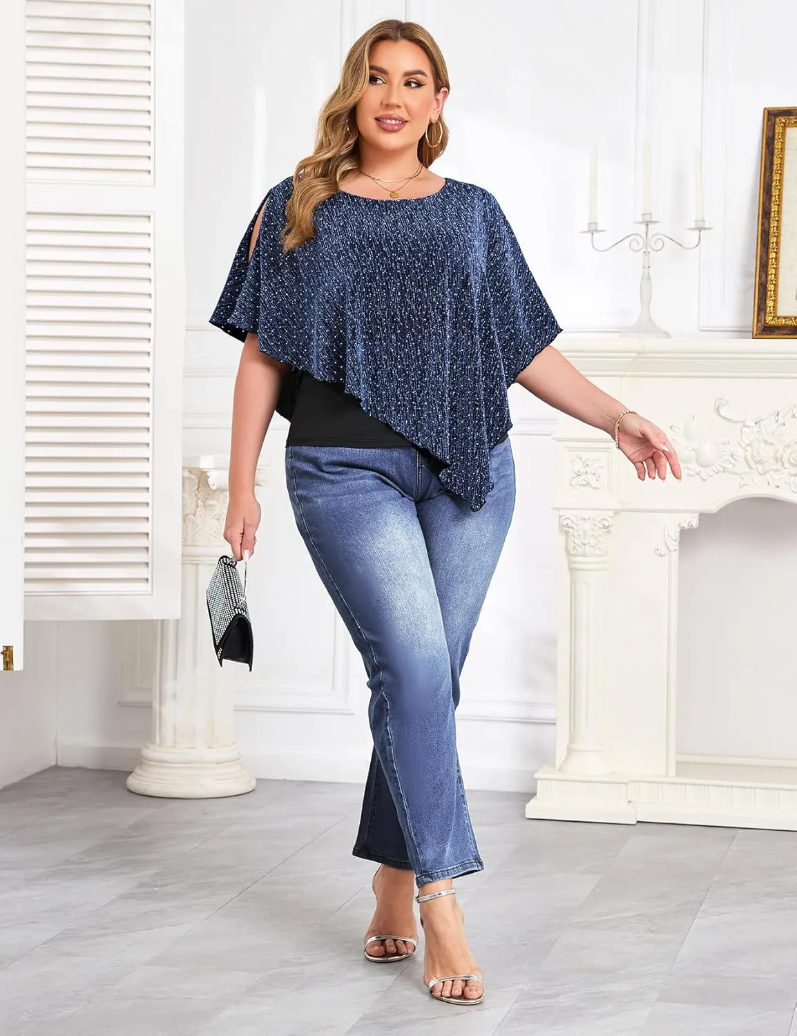 ZOMVA Plus Size Sparkly Cape Tops Cold Shoulder Double Layered Asymmetrical Hem Rhinestone Glitter Party Blouse Shirts
