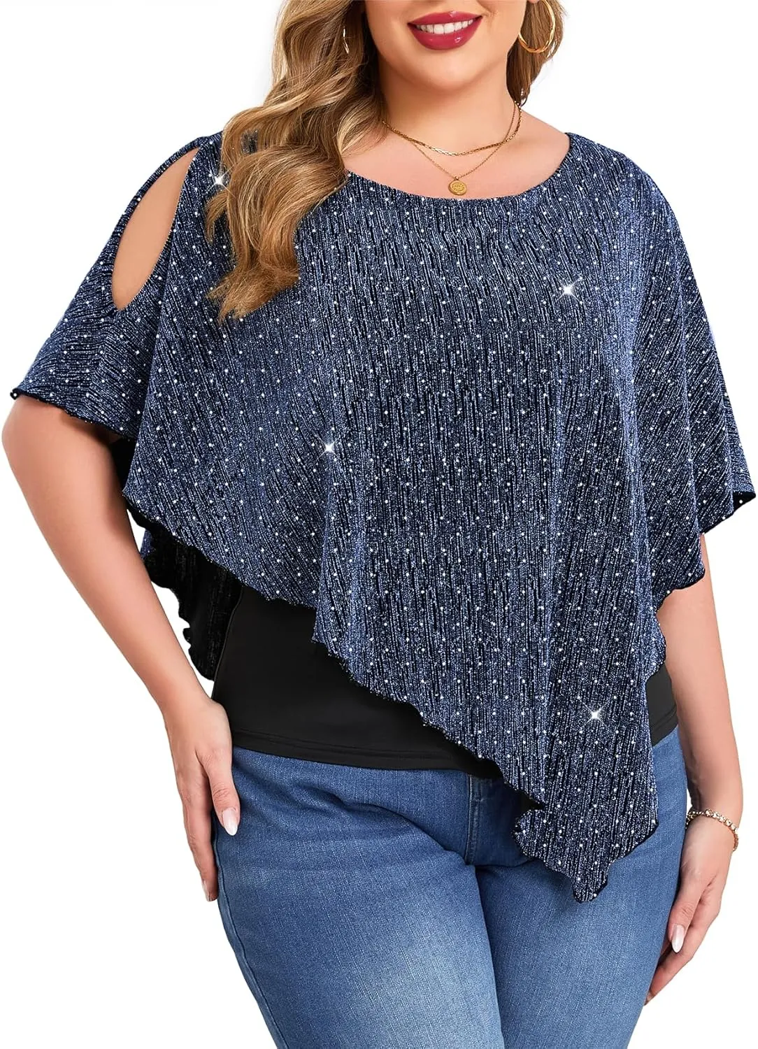 ZOMVA Plus Size Sparkly Cape Tops Cold Shoulder Double Layered Asymmetrical Hem Rhinestone Glitter Party Blouse Shirts