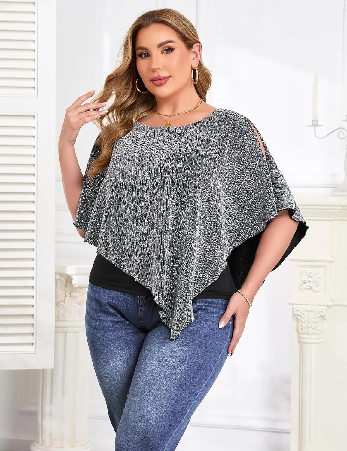 ZOMVA Plus Size Sparkly Cape Tops Cold Shoulder Double Layered Asymmetrical Hem Rhinestone Glitter Party Blouse Shirts