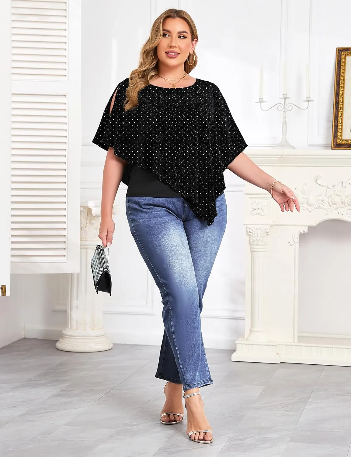 ZOMVA Plus Size Sparkly Cape Tops Cold Shoulder Double Layered Asymmetrical Hem Rhinestone Glitter Party Blouse Shirts
