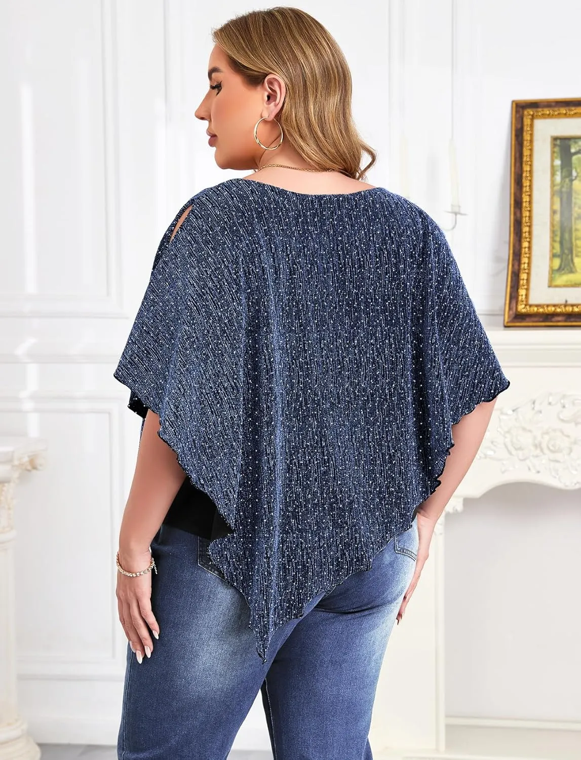 ZOMVA Plus Size Sparkly Cape Tops Cold Shoulder Double Layered Asymmetrical Hem Rhinestone Glitter Party Blouse Shirts