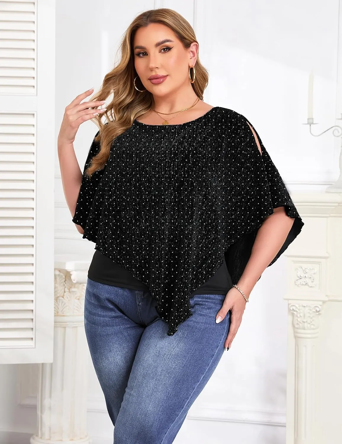 ZOMVA Plus Size Sparkly Cape Tops Cold Shoulder Double Layered Asymmetrical Hem Rhinestone Glitter Party Blouse Shirts