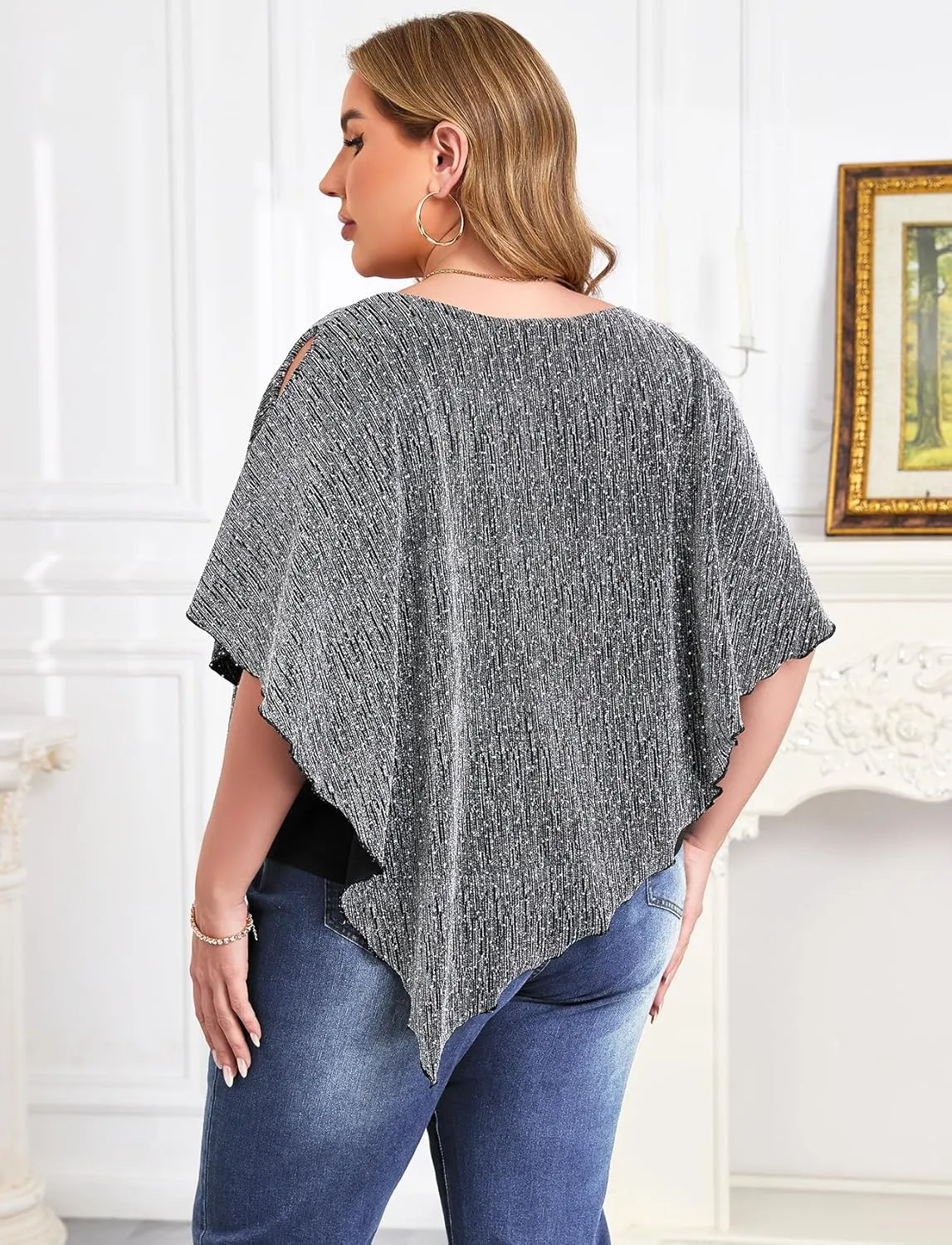 ZOMVA Plus Size Sparkly Cape Tops Cold Shoulder Double Layered Asymmetrical Hem Rhinestone Glitter Party Blouse Shirts