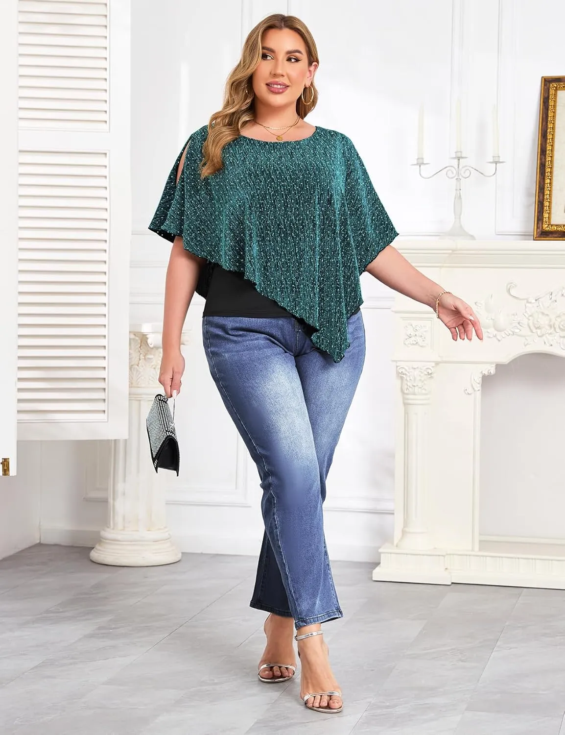 ZOMVA Plus Size Sparkly Cape Tops Cold Shoulder Double Layered Asymmetrical Hem Rhinestone Glitter Party Blouse Shirts