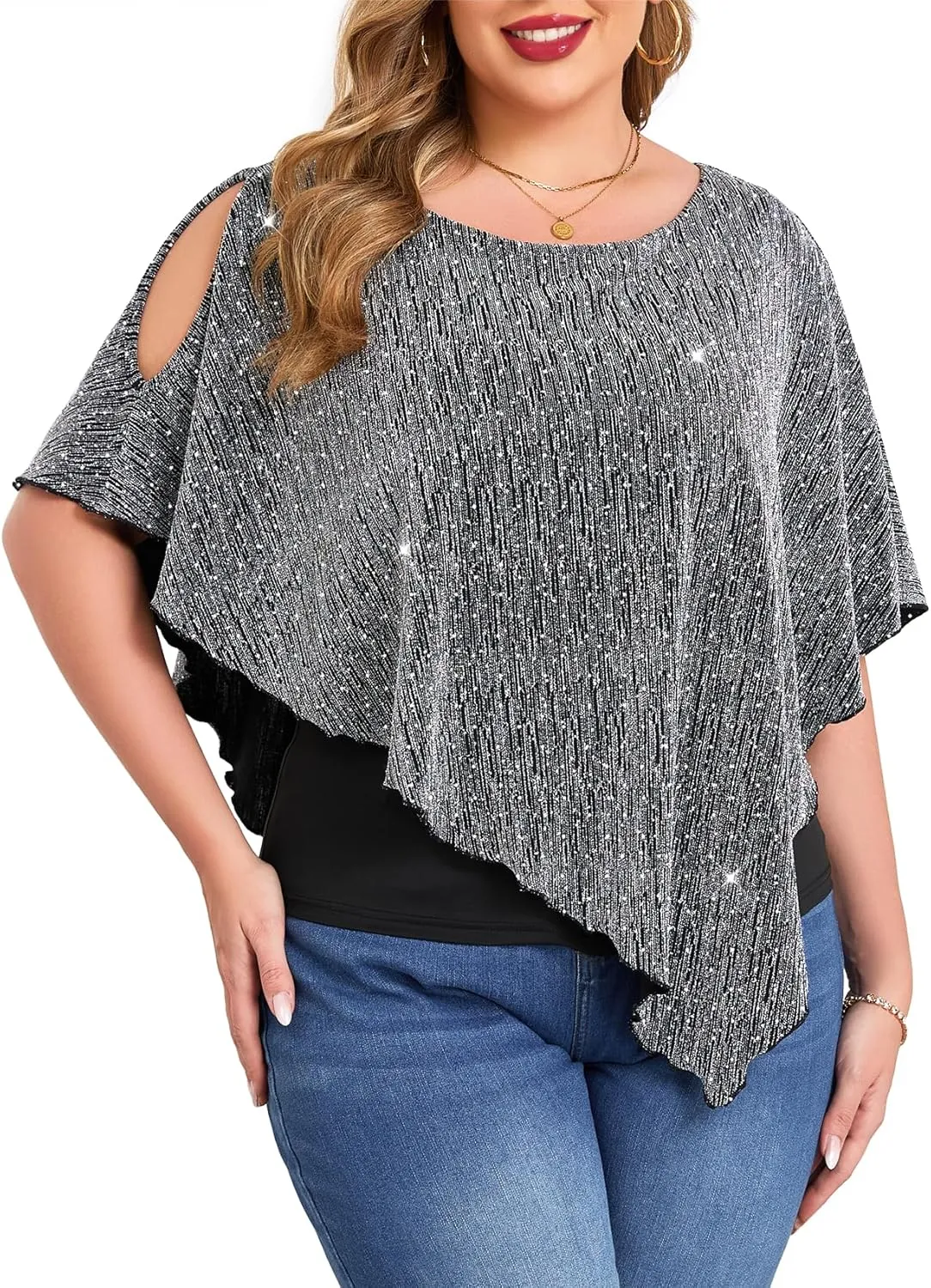 ZOMVA Plus Size Sparkly Cape Tops Cold Shoulder Double Layered Asymmetrical Hem Rhinestone Glitter Party Blouse Shirts