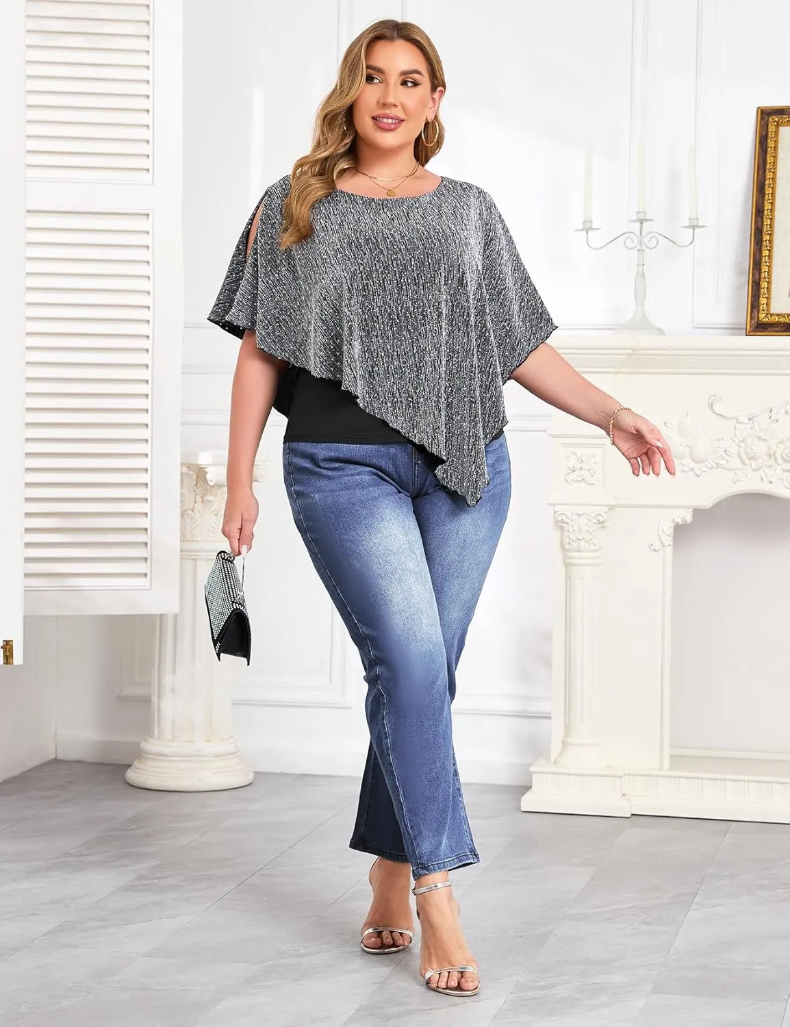 ZOMVA Plus Size Sparkly Cape Tops Cold Shoulder Double Layered Asymmetrical Hem Rhinestone Glitter Party Blouse Shirts