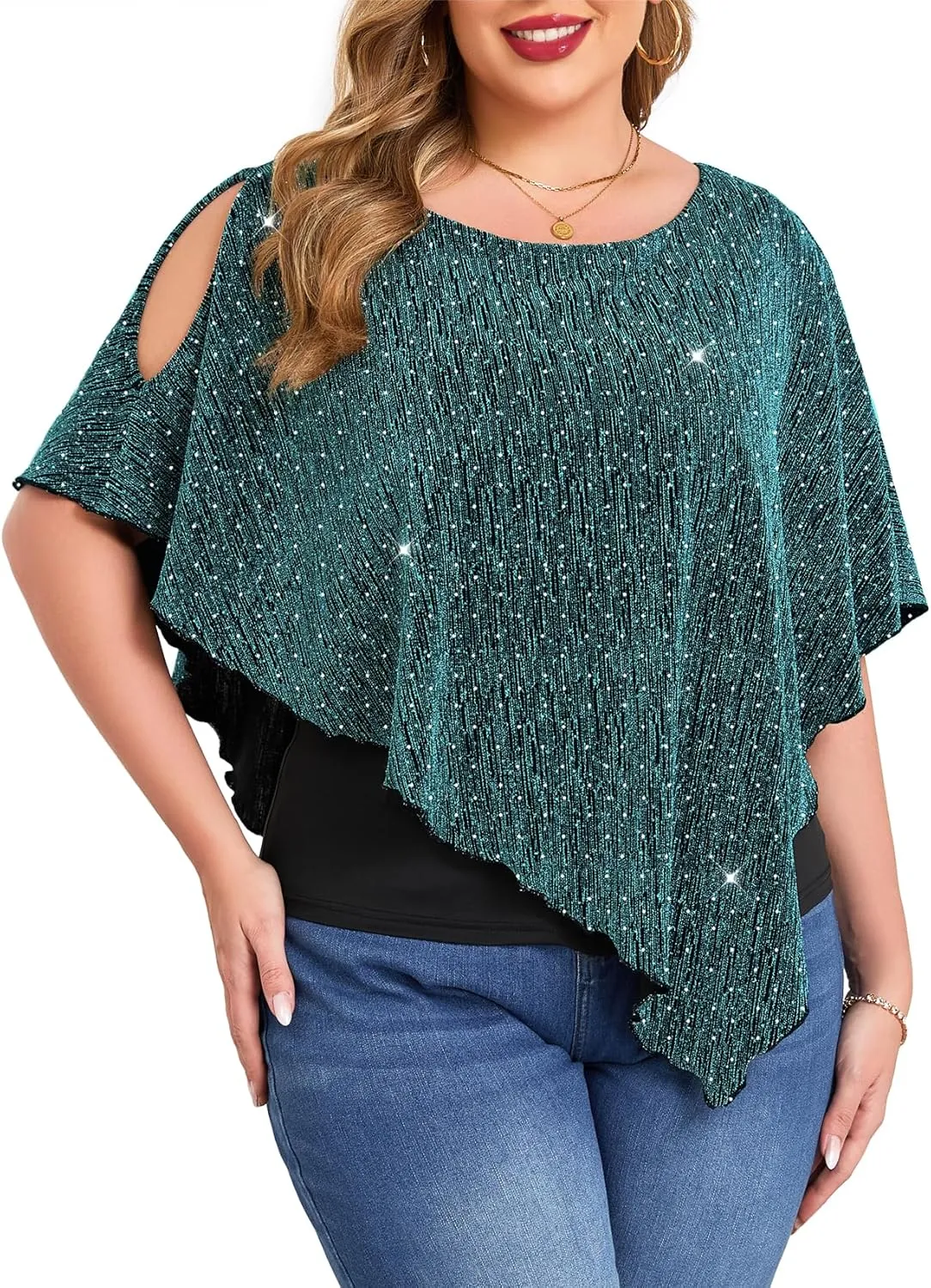 ZOMVA Plus Size Sparkly Cape Tops Cold Shoulder Double Layered Asymmetrical Hem Rhinestone Glitter Party Blouse Shirts