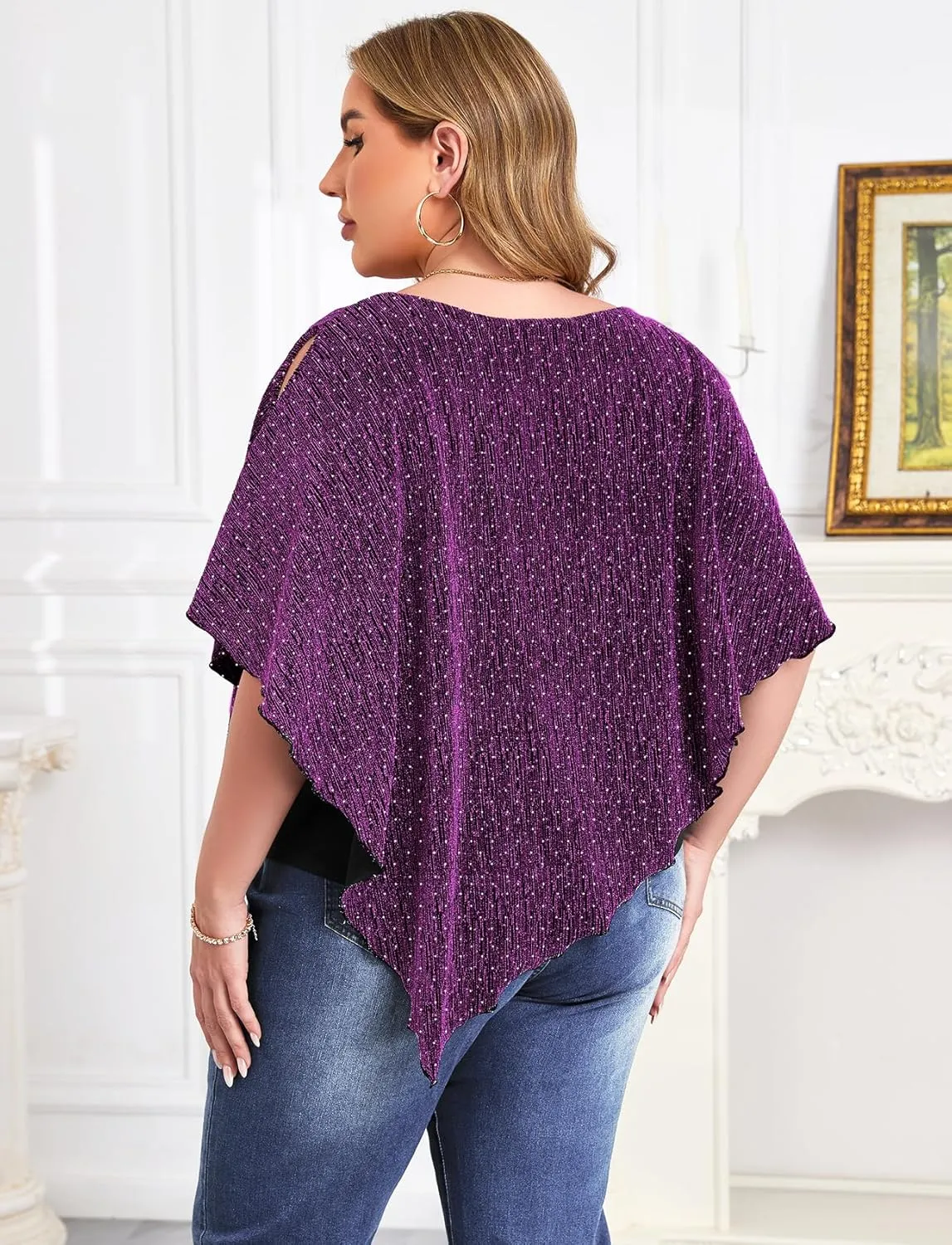 ZOMVA Plus Size Sparkly Cape Tops Cold Shoulder Double Layered Asymmetrical Hem Rhinestone Glitter Party Blouse Shirts